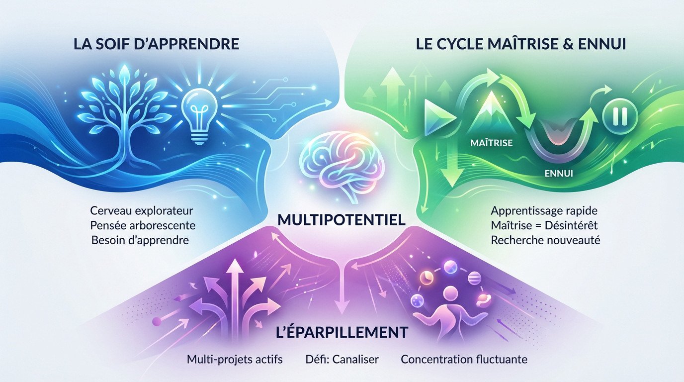 Schéma illustrant le cycle du multipotentiel entre apprentissage intense et ennui rapide au travail